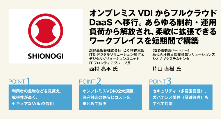 オンプレミスVDI からフルクラウドDaaS へ移行。あらゆる制約・運用負荷から解放され、柔軟に拡張できるワークプレイスを短期間で構築。塩野義製薬株式会社 DX推進本部 IT&デジタルソリューション部IT&デジタルソリューションユニット ITフロンティアグループ長 西村 亮平 氏/(塩野義製薬パートナー)株式会社日立医薬情報ソリューションズ シオノギシステムセンタ 片山 直樹 氏